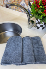 ( 3 Adet ) Mikrofiber Gri Renk Kareli Mutfak Temizlik Bezi - Tezgah Bezi El Bezi