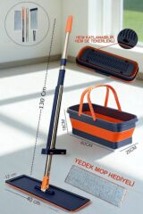 Katlanabilir Ve Tekerlekli Kovalı Mop Seti. Yedek Mop Bezi Hediyeli, Kendinden Sıkmalı Mop Seti.