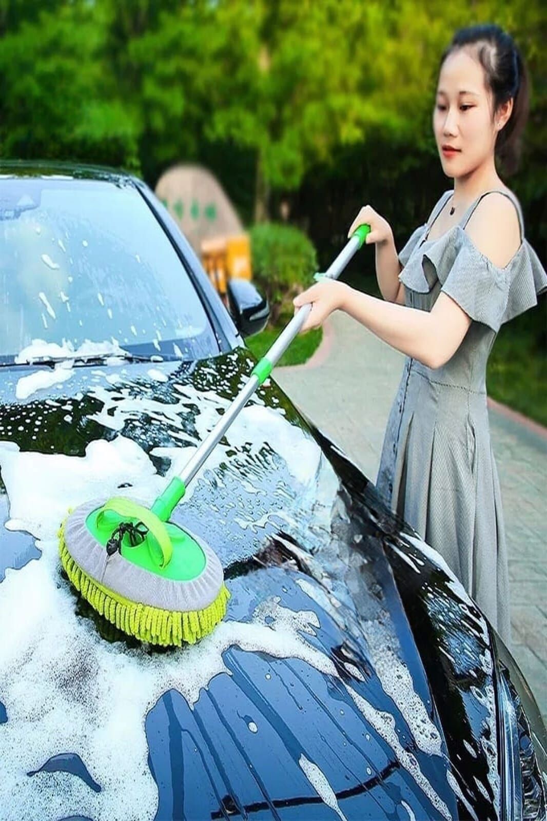 1 Adet Yedek Bez Hediyeli Mikrofiber Araba Yıkama Fırçası - Teleskopik Uzun Saplı Araba Fırçası